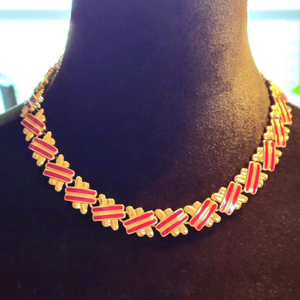 Vintage 1980 Monet Elegant Gold and Red Necklace/ Choker 18"
